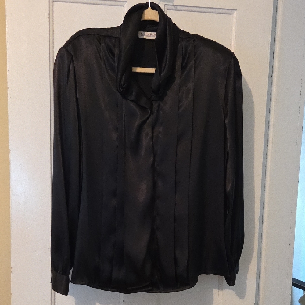 Karen Scott Black Satin Button-Front Blouse